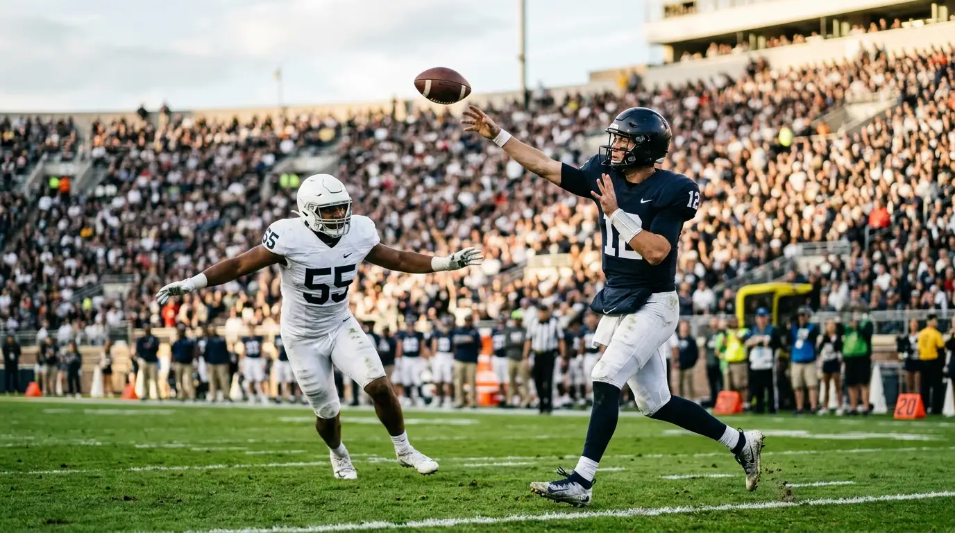 Spelers in NFL-uitrusting op een verlichte American-football grasmat tijdens een wedstrijd