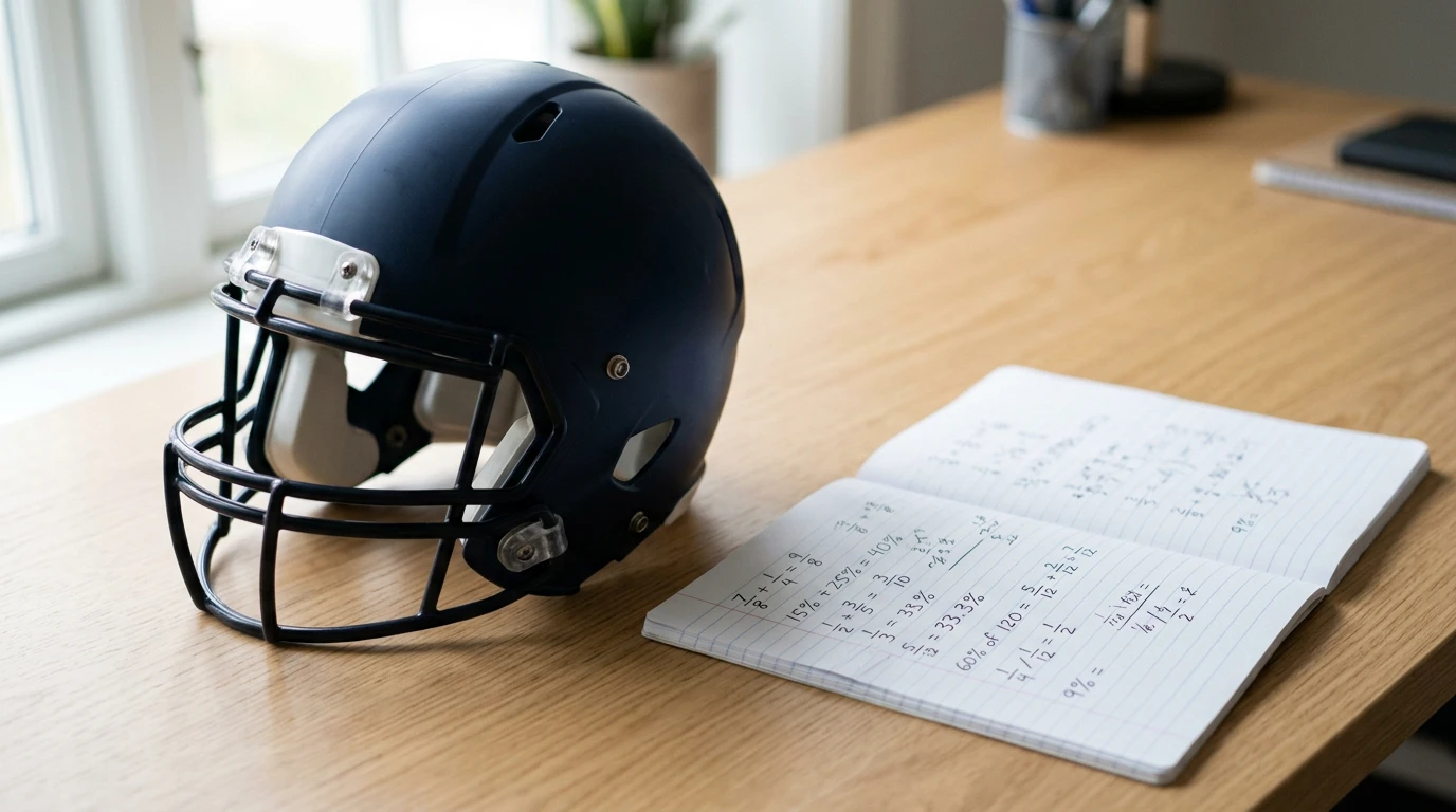 American football helm naast een notitieblok met geschreven berekeningen op een houten tafel